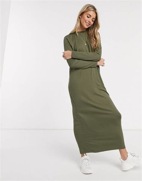 Asos Design Long Sleeve Maxi T Shirt Dress In Khaki Green Maxi Dress