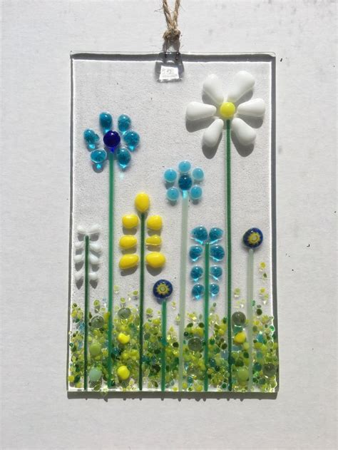 Handmade Fused Glass Wild Flowers Meadow Garden Sun Light Catcher Fused Glass Artwork Fused