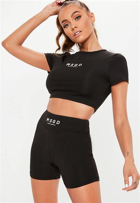 Active Black Short Sleeve Crop Top Womens Workout Outfits Gym