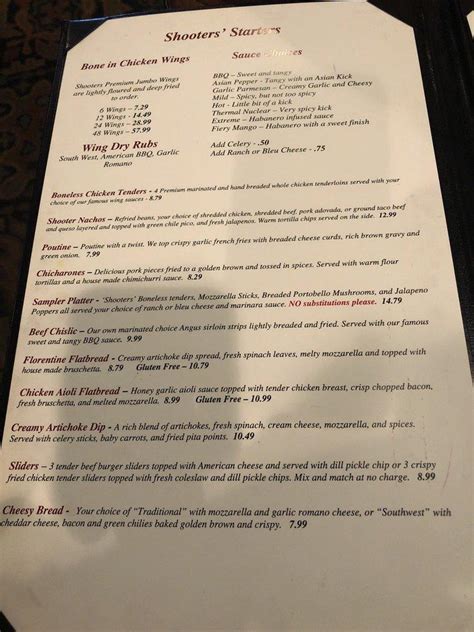 Menu At Shooters Wood Fire Grill Pub And Bar Rapid City