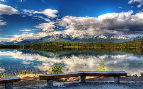 Hd Wallpaper Gray And Brown Bench Benches Coast Lake Landscape