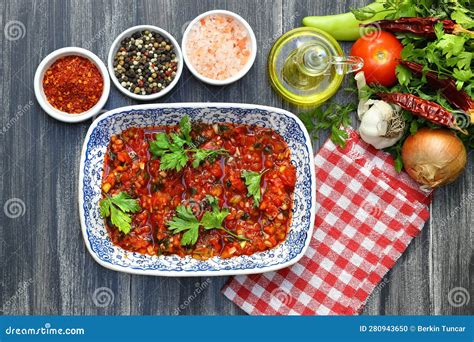 A Spicy Turkish Appetizer Acili Ezme Made With Tomatoes Pepper