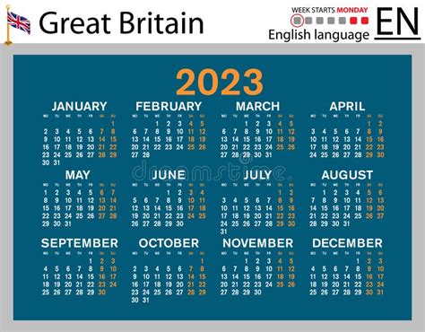 English Horizontal Pocket Calendar For 2023 Week Starts Monday Stock