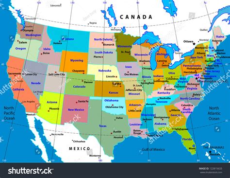 Colorful Usa Map With States And Capital Cities Vectores En Stock