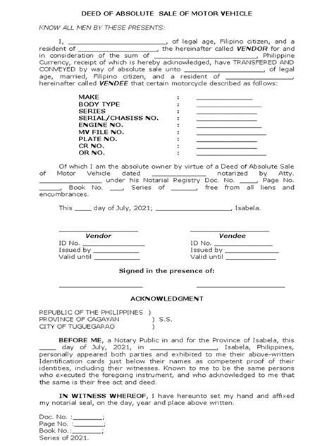 Proforma Deed Of Absolute Sale Of Motorcycle By Virtue Pdf Notary