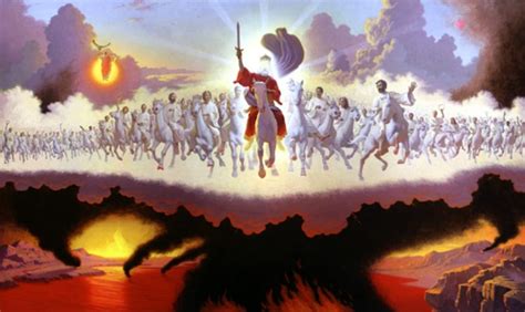 Jesus On White Horse With Armies Of Heaven Armageddon Sword Out Of