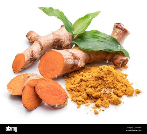 Fresh Turmeric Rhizome And Turmeric Powder Isolated On White Background