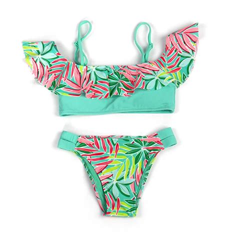 Andzhelika Print Leaves Ruffle Bikinis Set Girls Summer New Two Piece