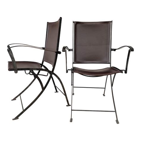 Vintage Modernist French Leather And Wrought Iron Folding Chairs A