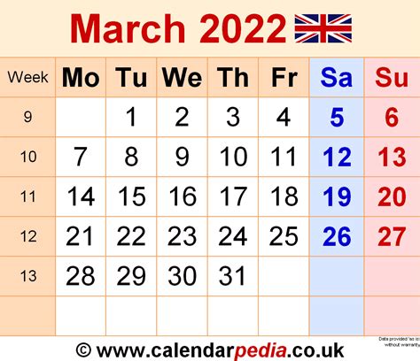 calendar march  uk  excel word   templates
