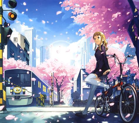 Anime City Anime Bike City Girl Sakura Tree Train Hd Wallpaper