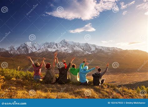 Group Happy Friends Having Fun Mountain Top Stock Image Image Of