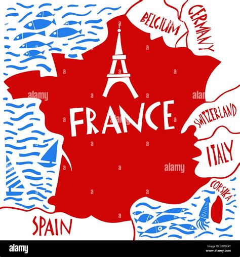 Vector Hand Drawn Stylized Map Of France Travel Illustration With