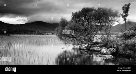Black And White Panoramic Image Of Loch Ba Rannoch Moor In The