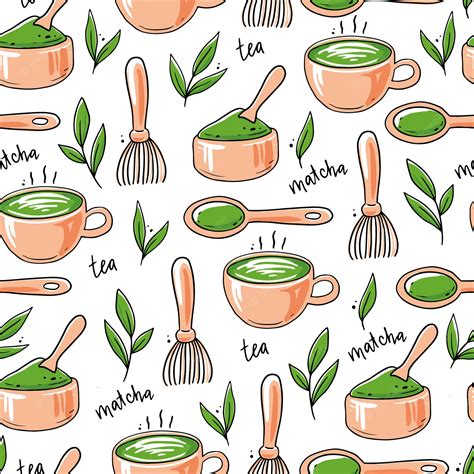 Premium Vector Seamless Pattern Of Hand Drawn Matcha Tea Ingredient