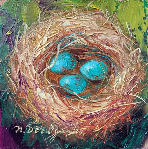 Nest Oil Painting Original 4x4 In Frame Blue Bird Eggs Miniature Oil