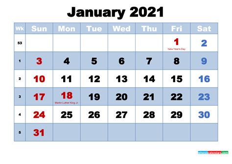 January 2021 Calendar With Holidays Printable