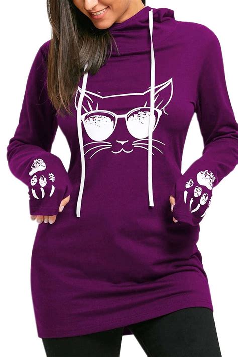 Iyasson Womens Cute Long Sleeve Hooded Sweatshirt Cat Face Paw Printin