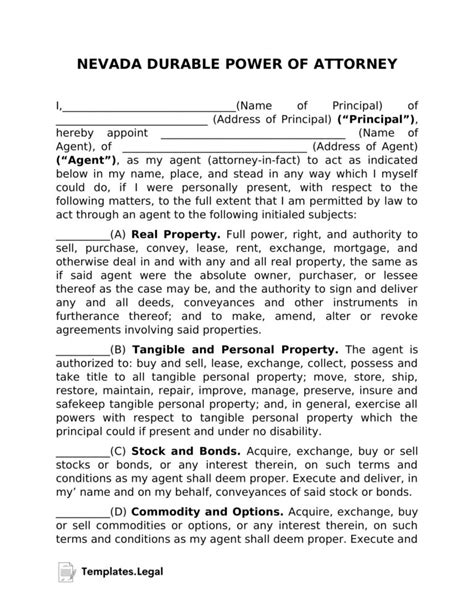 Nevada Power Of Attorney Templates Free Word Pdf And Odt