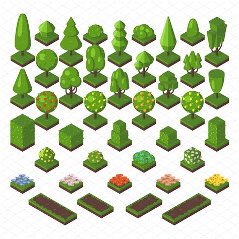 Green Isometric Tree Vector Set Isometric Art Isometric Drawing