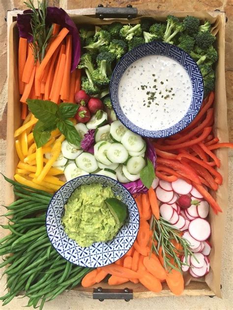 Vegetable Tray For A Party With Homemade Ranch And Avocado Dip