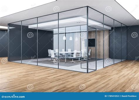 Futuristic Conference Room Interior With Blank Tv Screen Stock