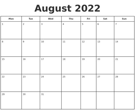 August 2022 Print A Calendar