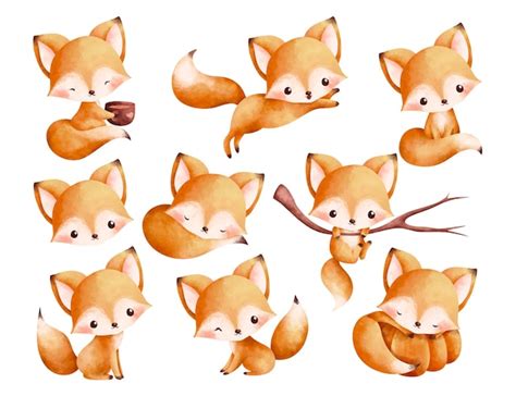 Premium Vector Watercolor Illustration Set Of Cute Baby Fox