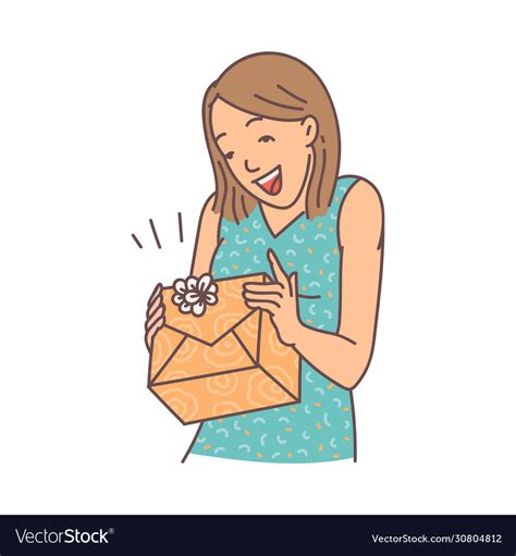 Cheerful Woman Opening T Box Sketch Cartoon Vector Image