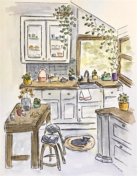Watercolor And Ink Painting Of A Cozy Kitchen Rcozyplaces