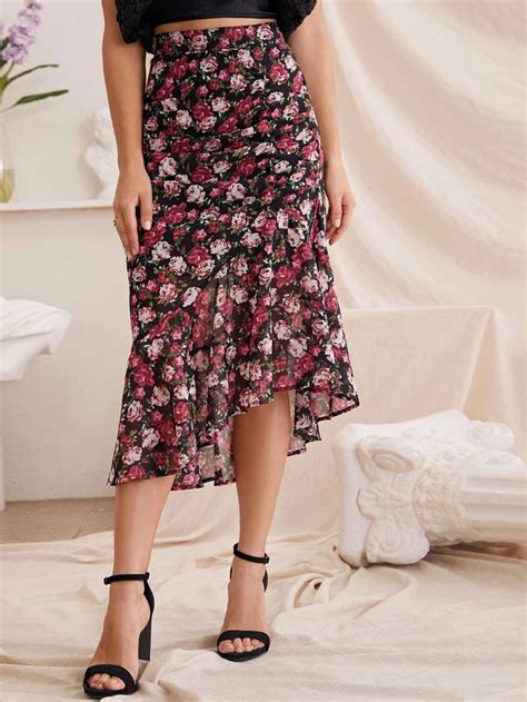 Asymmetrical Ruffle Hem Floral Print Skirt Shein In 2020 Printed