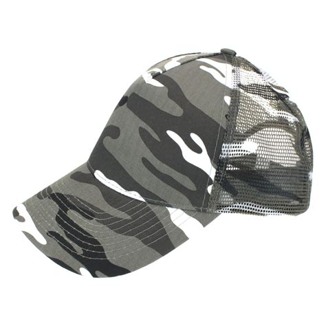 Mens Low Crown 5 Panel Camouflage Twill Mesh Trucker Hat Grey Camo