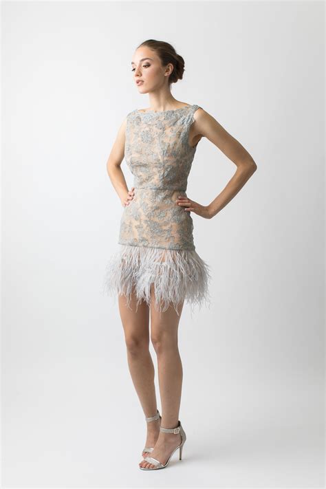 Sleeveless Sheer Lace Feathered Hem Cocktail Dress This Cocktail Dress