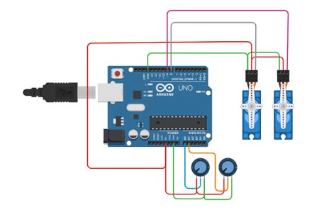 Circuit Design Arduino Two Servo Motors Control Using Pot Tinkercad