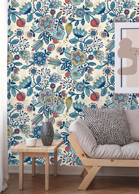 Removable Wallpaper Peel And Stick Floral Pattern Boho Etsy Boho Wallpaper Removable