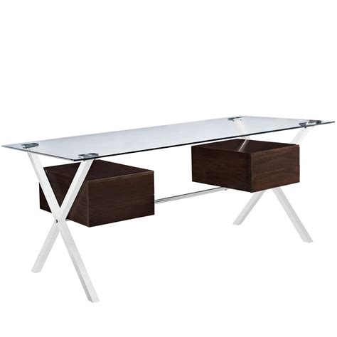 Abeyance Modern Glass Top And Steel Office Desk With Walnut