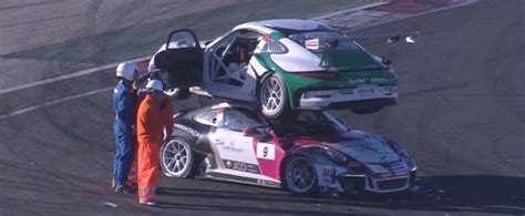 Porsche Carrera Cup Crash Shows 911s Cuddling On Top Of Each Other Like