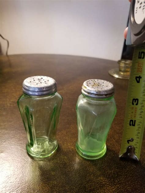 Two Hazel Atlas Salt And Pepper Shakers Green Uranium Glass Depression