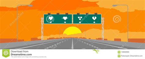 Highway Or Motorway And Green Signage With Heart Symbol Valentine