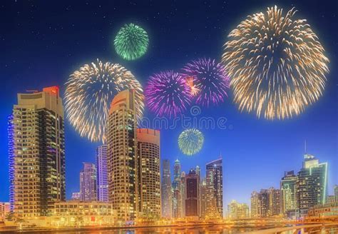 Beautiful Fireworks In Dubai Marina Uae Stock Photo Image Of East
