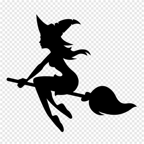 Black And White Witch Riding Broom Illustration Young Witch On Broom