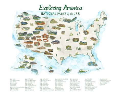 National Parks Map With Checklist With 63 Parks Etsy National Parks