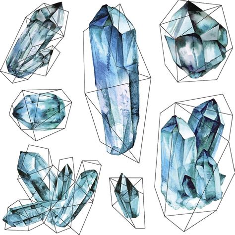 Geometric Watercolor Crystals Fabric Panel Blue Ilustración En