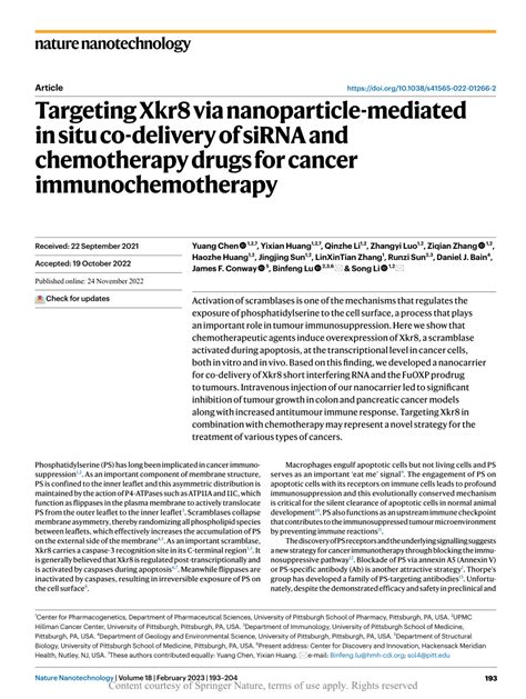 Targeting Xkr8 Via Nanoparticle Mediated In Situ Co Delivery Of SiRNA