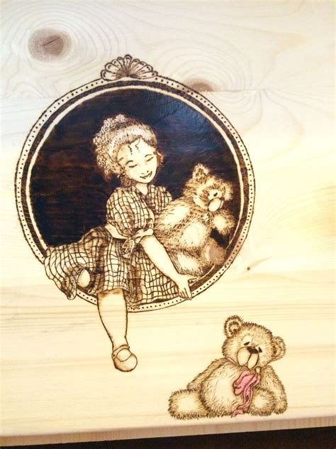pyrography of little lady with her teddy bears wood burning techniques wood burning tool wood