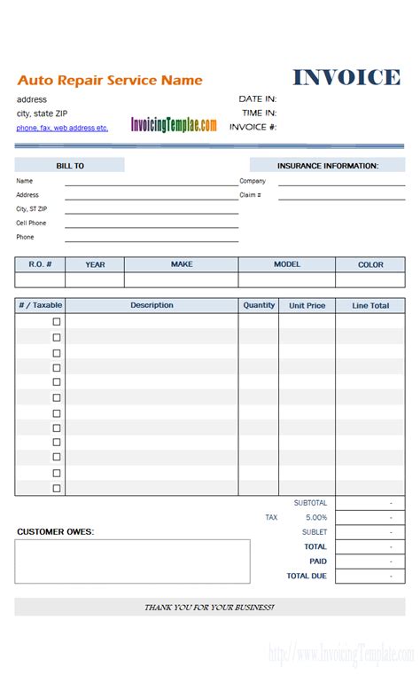 Free Printable Auto Repair Invoice Template Routerilly