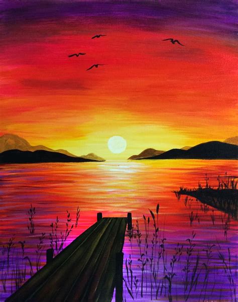 Lakeside Sunset Sunset Art Silhouette Painting