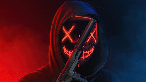 2048x1152 Glowing Mask Eyes With Gun 4k Wallpaper 2048x1152 Resolution Hd 4k Wallpapers Images