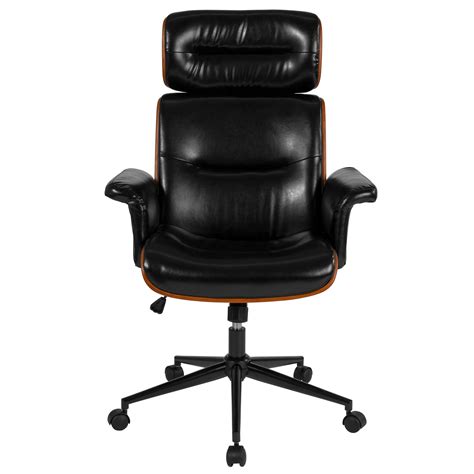 46 Glossy Black Leather High Back Walnut Wood Swivel Office Chair With
