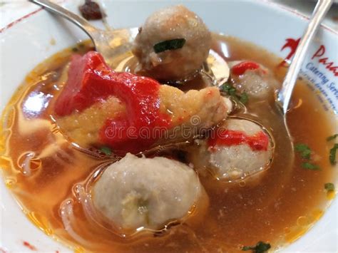 Indonesian Bakso Mie Bakso With Sweet Soy Sauce And Chili Sauce On The